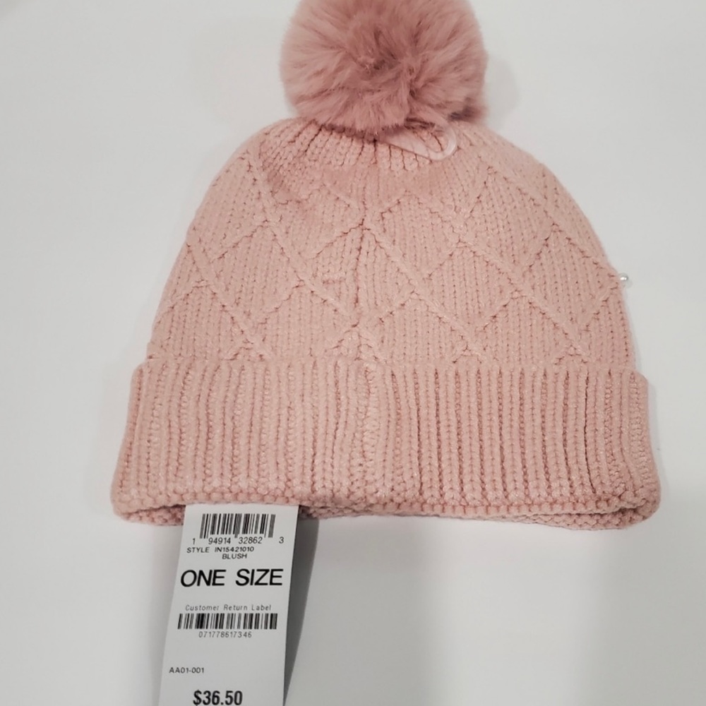 Inc Cable Knit Cap w/ Pink Pom Pom & Pearl Accents - Picture 2 of 6
